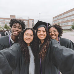 Celebrating Graduation Day: Students in Caps and Gowns, Outdoor Ceremony, Joyful Moments, Smiles, Diverse Young Adults, Achievement, Memories, Togetherness, Community, and Excitement