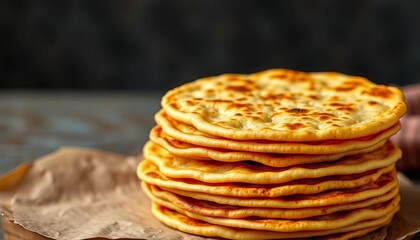 A neatly stacked pile of golden-brown Indian flatbreads, soft and slightly puffy,   flaky,  still life