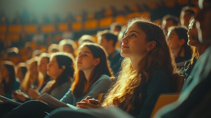 Side angle showing multiple rows of students listening to a technical lecture, academic ambiance