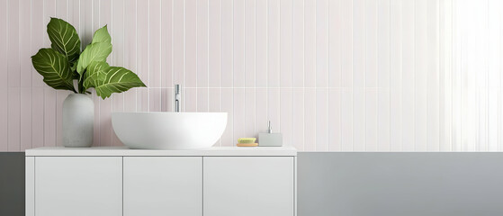 Fototapeta premium Modern Minimalist Bathroom Interior Design With Pink Walls And White Cabinets