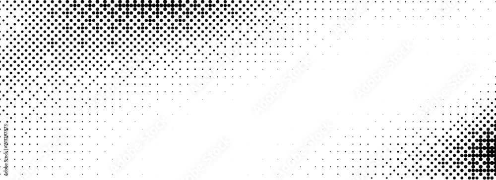Poster Pixelated bitmap texture. Black and white dither pattern wallpaper. Abstract glitch gradient pattern. 8 bit video game background. Wide raster screen backdrop. Vector halfton pixel art illustration 