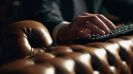 Executive in Leather Office Chair Typing on Keyboard with Backlight
