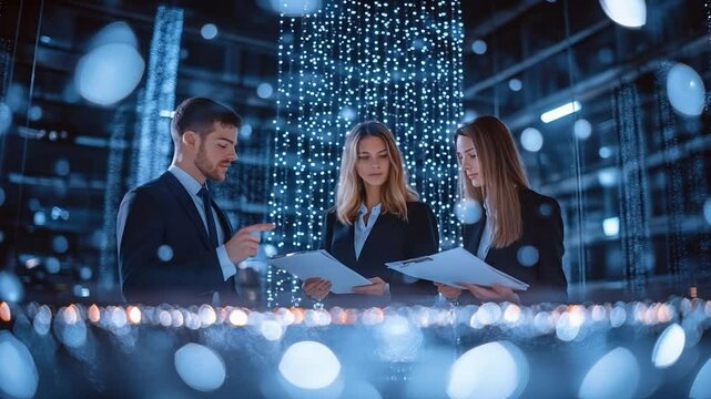 Business Team Meeting at Night with Blue Lights