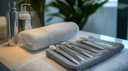 Close-up of facial treatment tools laid neatly beside the spa bed, clean and clinical yet elegant