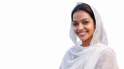 Smiling Young Indian Woman in White Sari Against Isolated Background