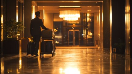 Side view of concierge wheeling a cart full of luggage into storage, modern interior, warm lighting
