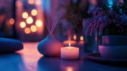 Nighttime spa scene with glowing aromatherapy diffusers, ambient shadows, deeply calming setting