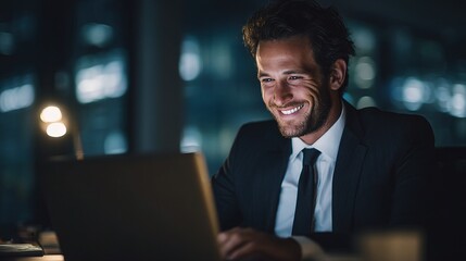 Urgent Businessman Typing on Laptop in Dimly Lit Office Space