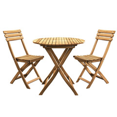 Table and Chairs Placement at Outdoor Patio. A wooden table and two chairs are positioned next to each other on an outdoor patio. on a White or Clear Surface [Transparent Background PNG]