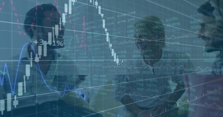 Business team sitting in lounge, candlestick chart overlay fading in showing finance percent shifts - Powered by Adobe
