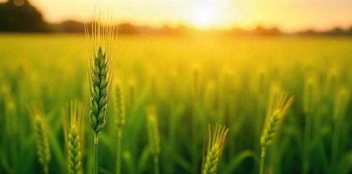 Golden hour sunlight bathes a lush green field of ripening wheat, swaying gently in the summer breeze A vibrant scene of abundant harvest, ripe for the picking , wheat, ecology, organic