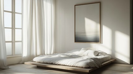 Minimalist bedroom with white walls, low-profile bed, soft linens, and single abstract painting, daylight coming through sheer curtains