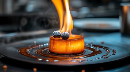 Chef torching a dessert at the plating counter, flames visible, artistic composition