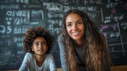 Teacher leaning over to help a student, blackboard with math equations in the background, natural lighting