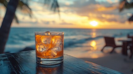 Close-up of cocktail glass on table with ocean in background, blurred tropical vibe