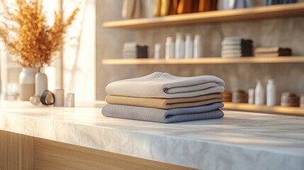 Close-up of a minimalist clothing display with folded garments and accessories on marble counter