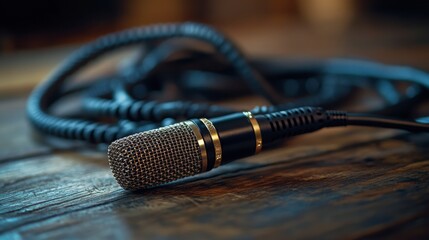 Close-up of vintage microphone and audio cables coiled on wooden table