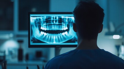 Rear view of a dental consultation in progress with X-ray visible on a monitor, clinical lighting