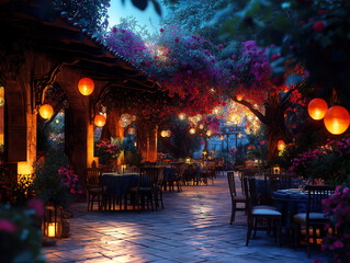 Softly glowing lanterns and flowers in a moonlit garden dining scene