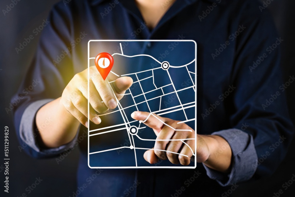 Poster a person interacts with a virtual map, selecting a location marker on a transparent digital interfac
