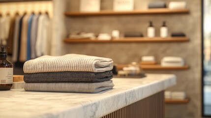 Close-up of a minimalist clothing display with folded garments and accessories on marble counter