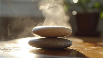 Therapist applying hot stone therapy on clients back, steam visible in soft light, tranquil atmosphere
