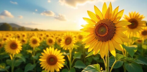 Naklejka premium Vibrant sunflowers bask in the golden sunlight, their faces turned towards the sky in a field bursting with life and color A breathtaking display of nature's beauty , golden, sunshine, blossom