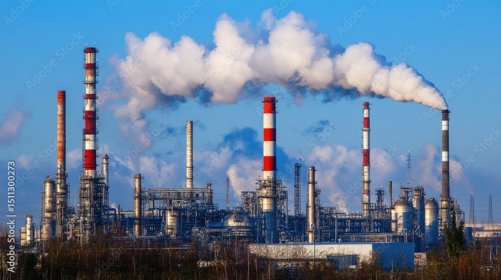 Poster aerial view of a large petrochemical complex with steam rising from stacks and geometric pipe networ