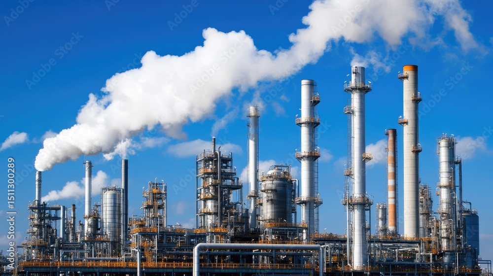 Poster aerial view of a large petrochemical complex with steam rising from stacks and geometric pipe networ
