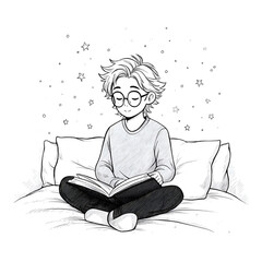 A Cozy Bedroom Illustration of a Boy Reading Under the Stars: A Grayscale Art Style Capturing Relaxed Moments of Imagination, Creativity, and Peaceful Exploration in Youthful Literature