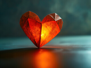 Paper heart glowing in the center of a dark stage under a spotlight