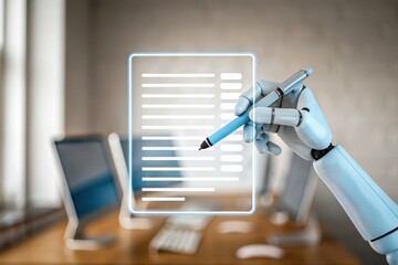 A robot hand writes on a digital screen in a modern office, symbolizing AI-driven automation and technology in the workplace.