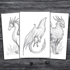 Dragons and Mythical Creatures: Detailed Black and White Fantasy Art Illustrations with Dynamic Poses, Elegant Designs, and Creature Anatomy in a Whimsical Fantasy World