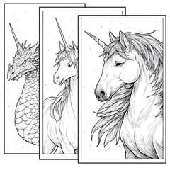 Unicorn and Dragon Fantasy Art: Detailed Black and White Illustrations of Mythical Creatures with Whimsical Horns, Scales, and Ethereal Design in a Magical World of Imagination and Folklore