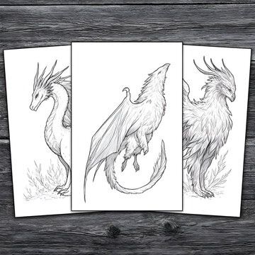 Dragons and Mythical Creatures: Detailed Black and White Fantasy Art Illustrations with Dynamic Poses, Elegant Designs, and Creature Anatomy in a Whimsical Fantasy World