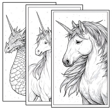 Unicorn and Dragon Fantasy Art: Detailed Black and White Illustrations of Mythical Creatures with Whimsical Horns, Scales, and Ethereal Design in a Magical World of Imagination and Folklore