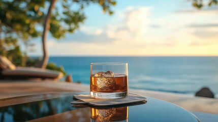 Close-up of cocktail glass on table with ocean in background, blurred tropical vibe