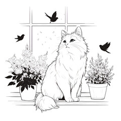 Charming Black and White Illustration of a Relaxed Cat Sitting by a Window Surrounded by Flowers and Plants, Creating a Peaceful Indoor Nature View with Artistic Decor and Tranquil Scenery