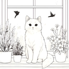 Charming Cat Illustration by Window with Flowers and Birds - Adorable Feline Decor for a Peaceful Home and Nature-Inspired Indoor Garden