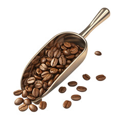 Coffee Beans Scoop: A close-up shot reveals a gleaming metal scoop brimming with roasted coffee beans, spilling onto a clean surface. The focus is on texture, color and aroma.