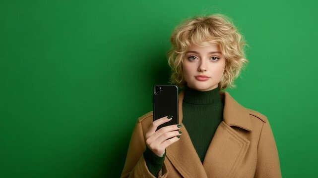 Stylish Blonde Woman Holding Smartphone Against Green Background