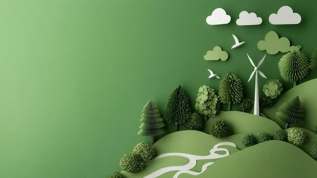 Green energy landscape paper cutout environment and nature with windmill for sustainable future