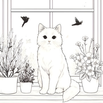 Charming Cat Illustration by Window with Flowers and Birds - Adorable Feline Decor for a Peaceful Home and Nature-Inspired Indoor Garden