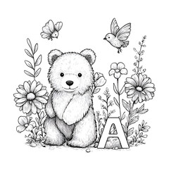 Charming Bear Illustration: Whimsical Wildlife Sketch with Flowers, Butterflies, and Playful Character Design for a Peaceful Garden Scene - Cute Black-and-White Art for Childhood Innocence and