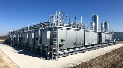 Obraz premium Chemical treatment facility for refining oil, with cooling towers and distillation columns