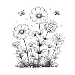 Elegant Black and White Botanical Illustration of Flowers, Petals, and Blossoms in Nature's Garden with Whimsical Butterflies and Bees, Detailed Outdoor Spring Artwork for a Vibrant Aesthetic