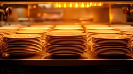 View through kitchen pass with row of elegant plates waiting for service, warm overhead lighting