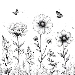 Elegant Black and White Botanical Illustration of Flowers, Butterflies, Peony, Cosmos, Wildflowers, and Nature-Inspired Designs - Delicate Hand-Drawn Floral Art with Detailed Outlines