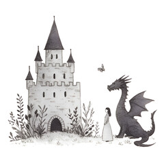 Enchanting Castle Adventure: A Fantasy Art Illustration of a Girl, Dragon, and Whimsical Butterfly in a Dreamlike Medieval Landscape with Magical Creatures and Serene Folklore Legends