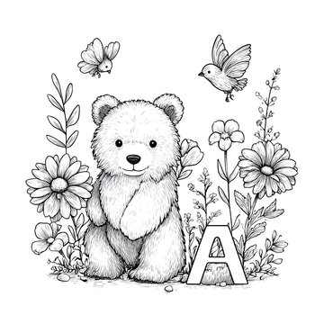 Charming Bear Illustration: Whimsical Wildlife Sketch with Flowers, Butterflies, and Playful Character Design for a Peaceful Garden Scene - Cute Black-and-White Art for Childhood Innocence and